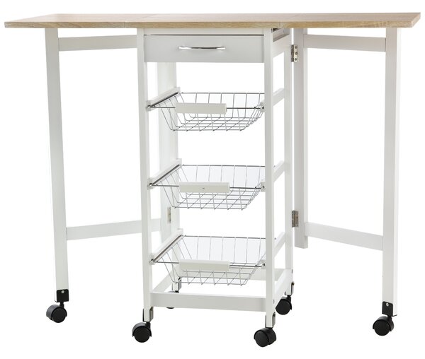 HOMCOM Drop-Leaf Kitchen Trolley w/ 3 Baskets Drawer Surface Top 6 Wheels Rolling Storage Unit Kitchen Home Dining Cart White Oak Tone Aosom UK