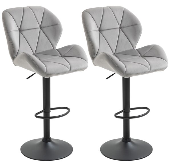 HOMCOM Bar Stool Set of 2 Fabric Adjustable Height Armless Upholstered Counter Chairs with Swivel Seat, Light Grey