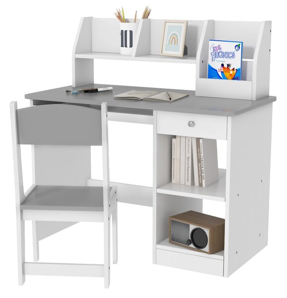 ZONEKIZ Kids Desk and Chair Set with Storage for 5-8 Year Old, 2 Pieces Childrens Table and Chair Set, Grey