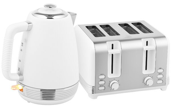 HOMCOM Stainless Steel Kettle and Toaster Set, 1.7L 3000W Rapid Boil Jug Kettle with UK Strix Thermostat, Limescale Filter, 4 Slice Toaster with 7 Browning Controls, Crumb Tray, White and Silver Tone