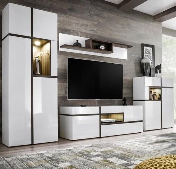 Carlisle High Gloss Living Room Furniture Set In White With LED