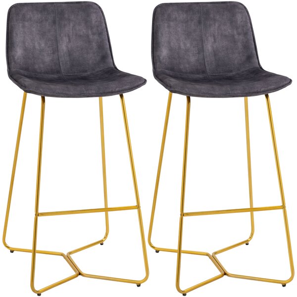 HOMCOM Bar Stools, Set of 2, Velvet-Touch Fabric Breakfast Bar Chairs with Footrest, Tall Kitchen Stools with Gold-Tone Metal Legs for Dining Area, Home Bar, Grey