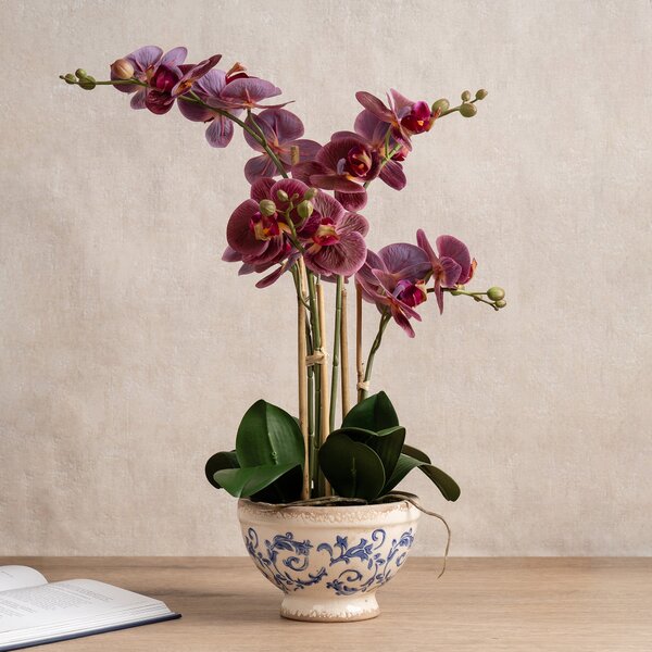 Artificial Real Touch Dark Pink Phalaenopsis Orchid in Ceramic Plant Pot Pink