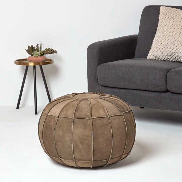 Homescapes Brown Leather & Suede Round Pouffe Footstool