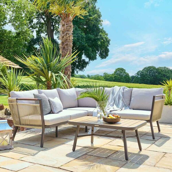 Porta Corner Aluminium Garden Lounger Set with Coffee Table in Grey and Stone