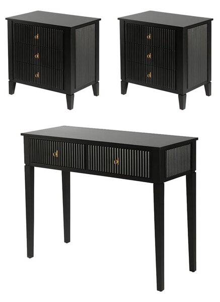 Set 2 x Heidi bedside tables and dressing console - Black-Brass/Silver