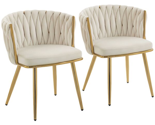 HOMCOM Velvet-Feel Dining Chairs Set of 2, Modern Upholstered Kitchen Chairs with Woven Backrest and Armrests, Metal Legs and Padded Seat for Dining Room, Bedroom, Living Room, Cream