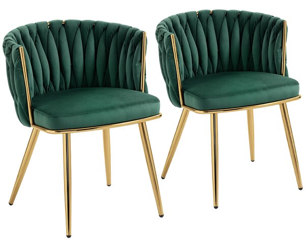 HOMCOM Velvet-Feel Dining Chairs Set of 2, Modern Upholstered Kitchen Chairs with Woven Backrest and Armrests, Metal Legs and Padded Seat for Dining Room, Bedroom, Living Room, Dark Green