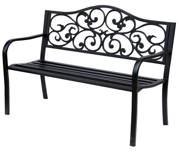 Outsunny Metal Garden Bench with Floral Backrest and Armrests - Black