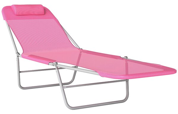 Outsunny Folding Sun Lounger with Head Pillow - Pink
