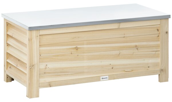 Outsunny 155L Outdoor Storage Box with Metal Top and Shutter Walls, Wooden Outside Tool organiser Container, for Garden, terrace