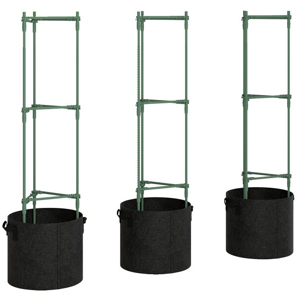 Outsunny 3 Packs Tomato Cages with 83.7L Grow Bags, 47.2" Adjutstable Triangle Plant Stakes Support Trellis with Planter Bags