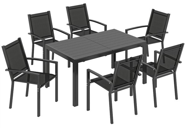 Outsunny Seven-Piece Garden Dining Set, with Plastic Wood-Top Table - Black