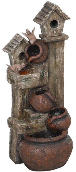 Outsunny 2-in-1 Waterfall Fountain with Birdhouse, Resin Garden Water Fountain with LED Lights Pump, Cascading Garden Water Feature with Tree Trunk Design, Multi-colour