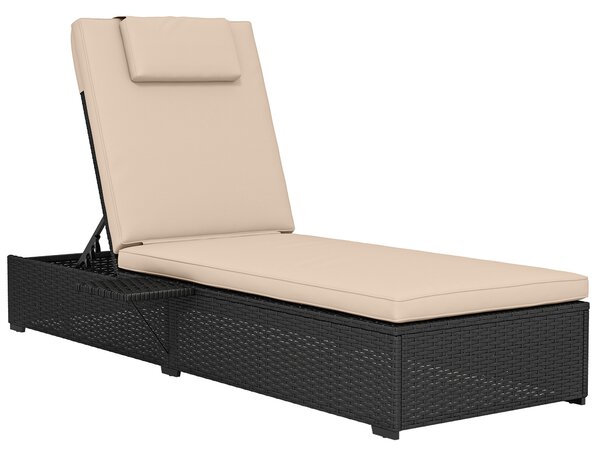 Outsunny Rattan Sun Lounger with 5-Level Reclining Back Side Tray and Cushion, Black