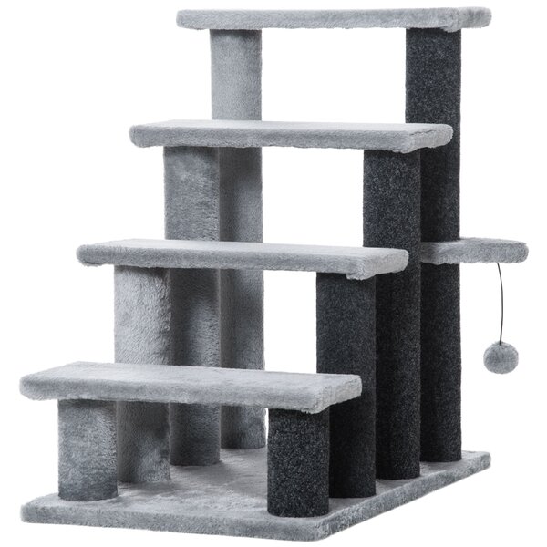 PawHut 4-step Pet Stairs with Scratching Posts, Platforms, Toy Ball, Grey Aosom UK