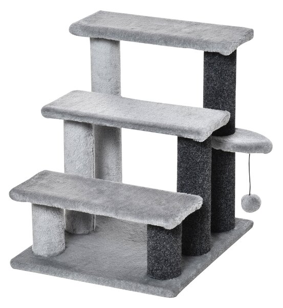PawHut 3-step Pet Stairs with Scratching Posts, Platforms, Toy Ball, Grey Aosom UK