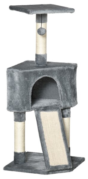 PawHut Cats 3-Tier Sisal Rope Scratching Post w/ Dangle Toy Grey Aosom UK