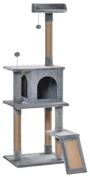 PawHut Cat Tree Tower 142cm Climbing Kitten Activity Center with Scratching Post Board Perch Roomy Condo Removable Felt Hanging Toy, Grey Aosom UK