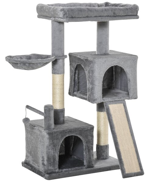 PawHut Cat tree Tower 111cm Climbing Kitten Activity Centre with Sisal Scratching Post Pad Perch Hanging Ball Hammock Condo Toy Grey Aosom UK