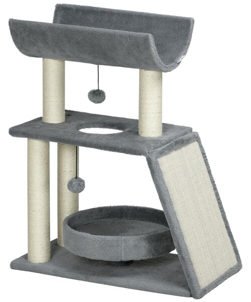 PawHut Cat Tree Tower: Scratching Posts, Cosy Bed & Perch, Interactive Ball Toy for Feline Fun, Light Grey Aosom UK