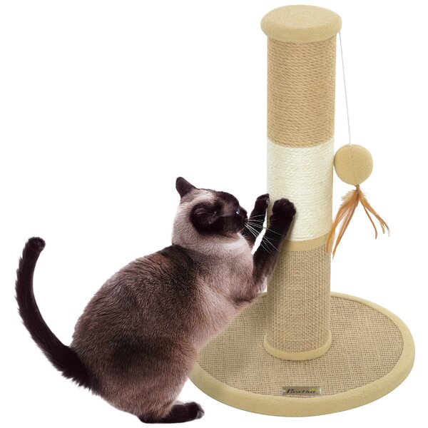 PawHut Cat Scratching Post for Indoor Cats, 47cm Tall Cat Scratcher with Jute Sisal Rope, Hanging Toy Ball, Feather, Brown Aosom UK