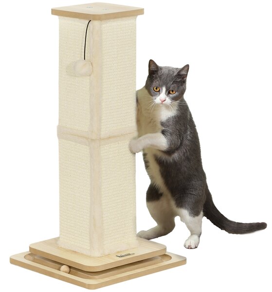 PawHut 3 in 1 Cat Scratching Post, 67cm Cat Scratcher w/ Track Ball Toy, Oak Aosom UK