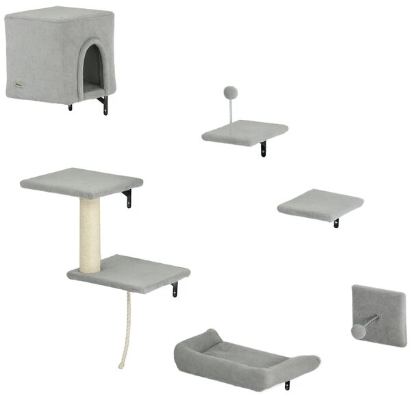PawHut 6-Piece Cat Wall Shelves Set with Condo, Cat Wall Furniture with Platforms, Sisal Scratching Post, Bed, Toy Ball, Grey
