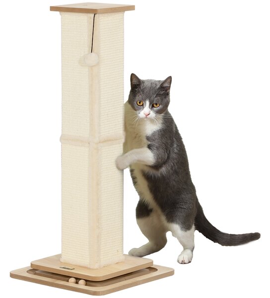 PawHut Scratching Post, 3 in 1 Cat Post with Sisal Post, Track Ball Toy, Self Grooming Brush, Hanging Toy Ball, Feather, Oak Aosom UK