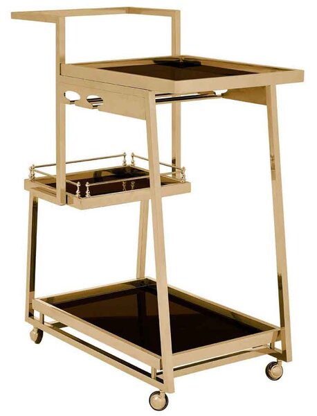 Kurhah Black Glass 3 Tier Drinks Trolley - Gold Frame