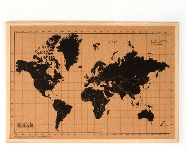 Milimetrado World Map Corkboard with Frame Black and Brown 70x50cm