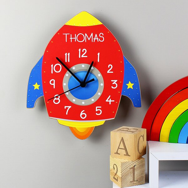 Personalised Space Rocket Shape Wooden Wall Clock Red