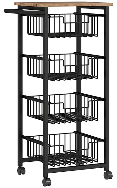 HOMCOM 4 Basket Mobile Kitchen Island with Brakes, Storage Cart with Oak/Black Finish for Kitchen Aosom UK