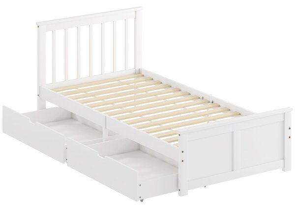 HOMCOM Wooden Single Bed Frame, with Drawers - White