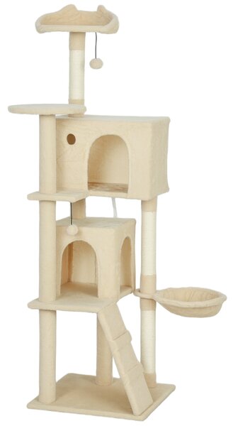 PawHut 160cm Large Cat Tree Tower with Sisal Scratching Posts, Condos, Plush Perches, Hammock, Ladder, Beige