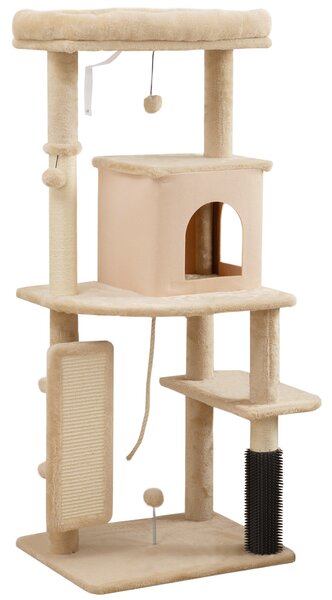 PawHut 132cm Cat Tree w/ Scratching Posts, Pad, Cat Bed, Cat House, Jumping Platform, Grooming Brush, Anti-Tip Kit, Beige