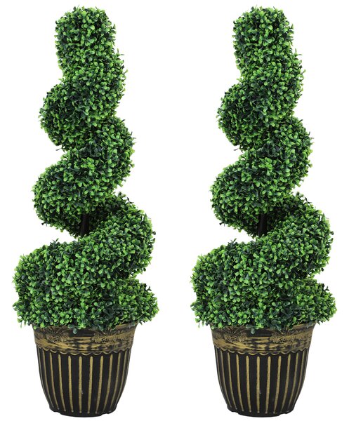 HOMCOM Set of 2 Artificial Plants, Topiary Spiral Boxwood Trees with Pot, for Home Indoor Outdoor Decor, 90cm Aosom UK