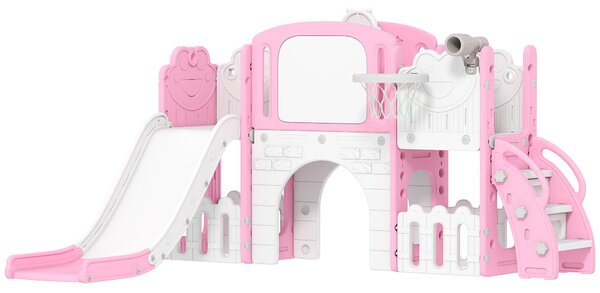 AIYAPLAY 7 in 1 Toddler Slide Set with Basketball Hoop, Climbing Frame, Telescope, Drawing Board, Storage Box, Pink