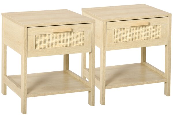 HOMCOM Bedside Table Set of 2 with Rattan Drawer, Rustic Side Tables with Storage Shelf for Bedroom, Living Room, Natural