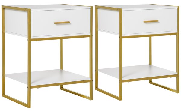 HOMCOM Bedside Table Set of 2, Modern Side Tables with Drawer and Shelf, Nightstands for Bedroom, White