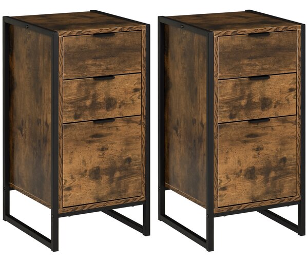 HOMCOM Bedroom Chest of Drawers Set of 2, Industrial 3-Drawer Dresser, Storage Drawers Unit with Metal Frame for Living Room, Rustic Brown