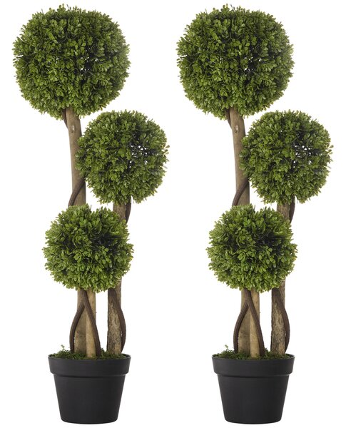 HOMCOM Set of 2 Decorative Artificial Plants, Boxwood Ball Topiary Trees in Pot Fake Plants for Home, Indoor&Outdoor Decor, 90 cm, Light Green