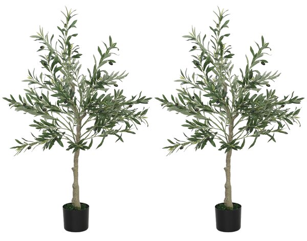 HOMCOM Set of 2 4ft/ 120cm Decorative Artificial Plant, Silk Olive Tree with 450 Leaves and 20 Olive Fruits in Pot, Fake Plant for Home, Office, Living Room, Indoor Decor