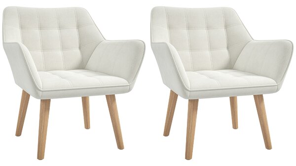 Set of 2 Accent Chair, Arm Chair with Slanted Back, Thick Padding and Rubber Wooden Legs for Living Room, Cream White