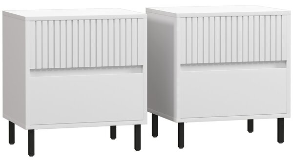 HOMCOM Simple Line Indented Two-Drawer Bedside Table Set of 2 - White