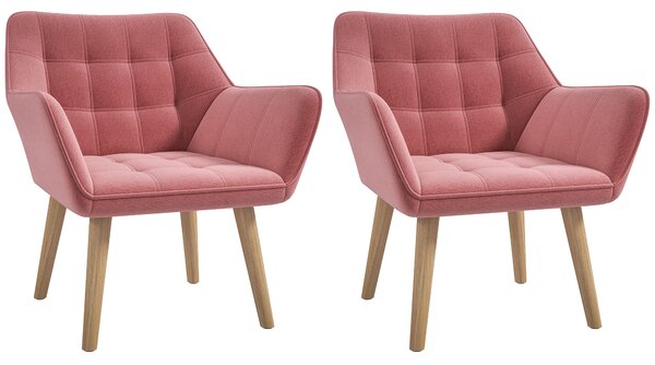 Set of 2 Accent Chair, Arm Chair with Slanted Back, Thick Padding and Rubber Wooden Legs for Living Room, Pink