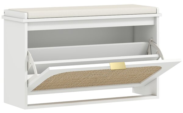 HOMCOM Boho Shoe Bench with Padded Seat and Flip-Drawer - White