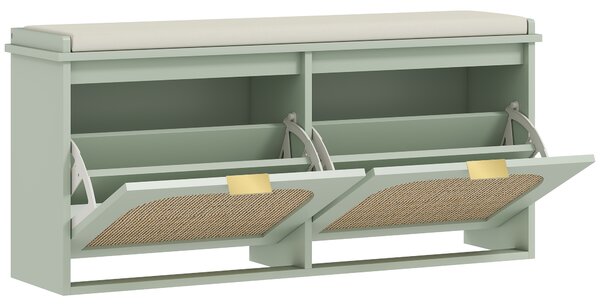 HOMCOM Boho Shoe Bench with Padded Seat and 2 Flip-Drawers - Light Green
