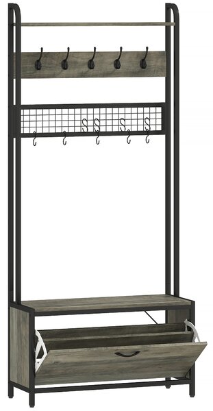HOMCOM 5-In-1 Industrial-Style Hallway Tree - Grey/Black