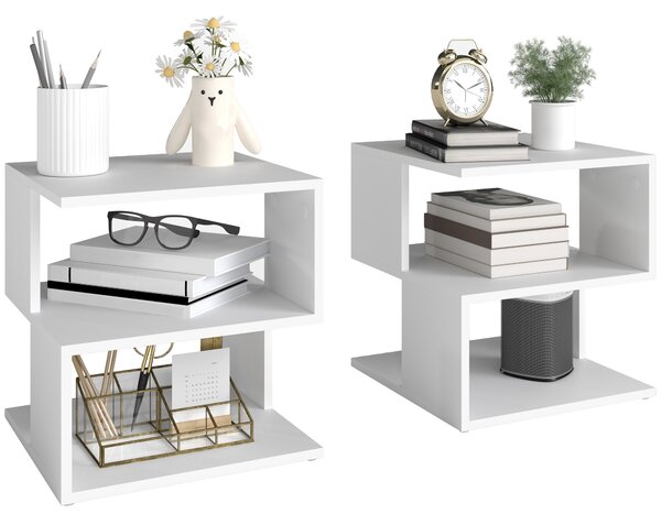 HOMCOM Set of 2 Side Table, Square Coffee Table, Modern End Table with 2 Tier Storage Shelves for Living Room, Bedroom, White
